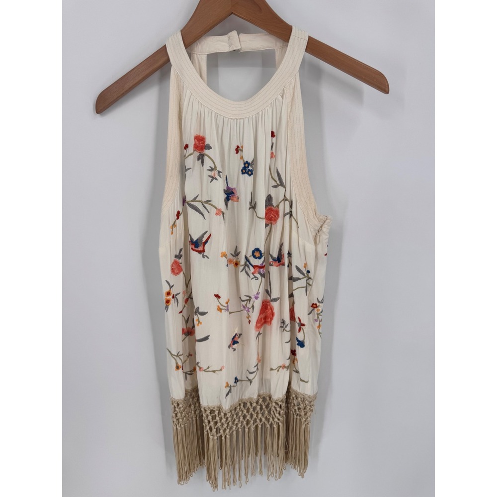 Anthropologie Halter Top Women Size 8 Ivory Embroidered Fringe Boho Bird - Picture 6 of 14